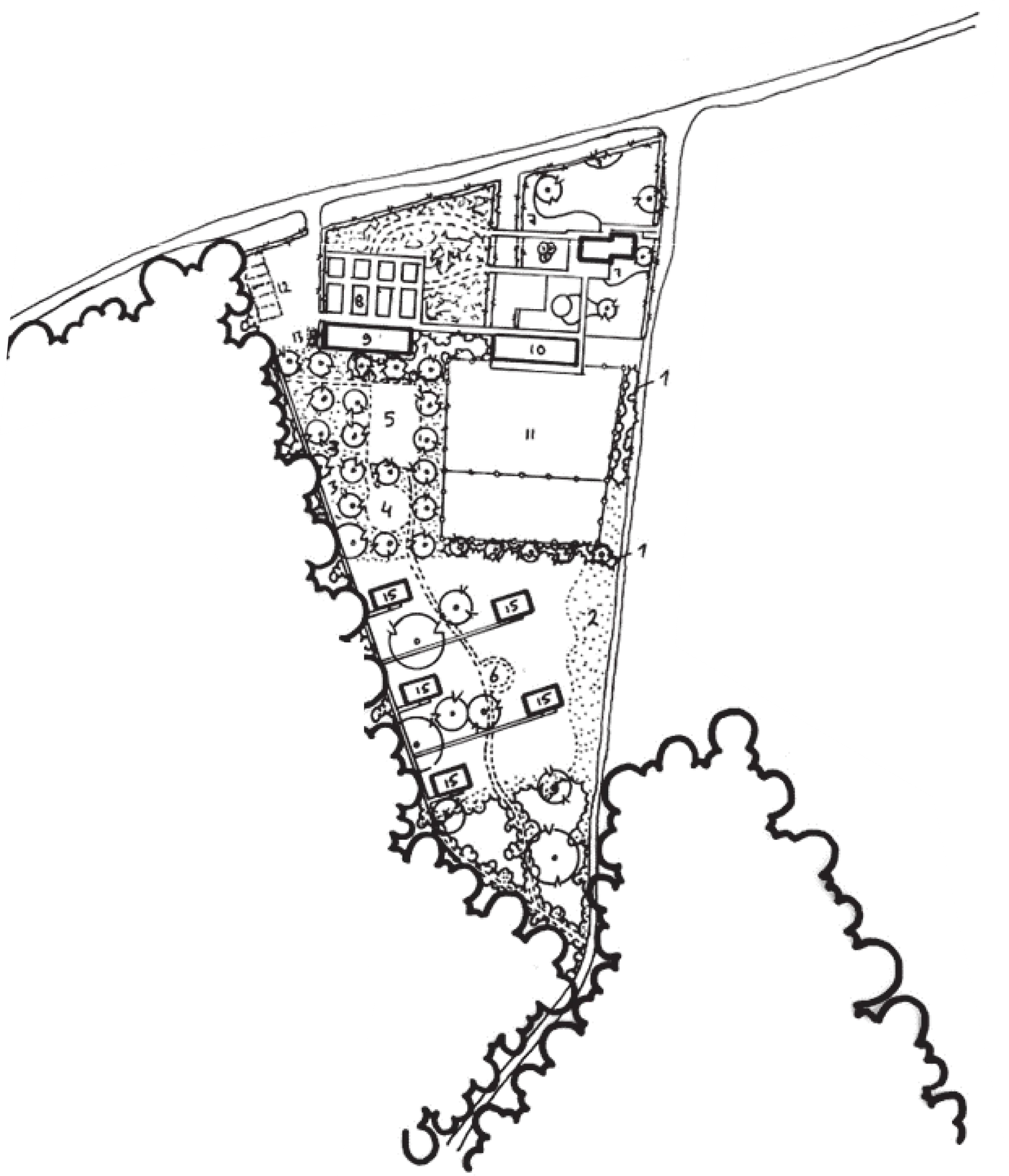 Handgetekende plattegrond van het terrein van Eco by Nature, met genummerde plekken die hieronder in de legenda staan